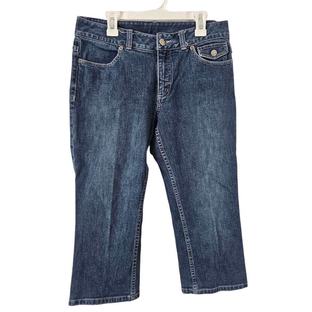 Harley Davidson Capri Stretch Blue Jean Pants Embroidered‎ Pocket Womens Size 6